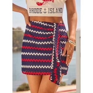 Vici Crochet Mini Skirt XS Red White Navy Blue Chevron Zigzag Tie Side